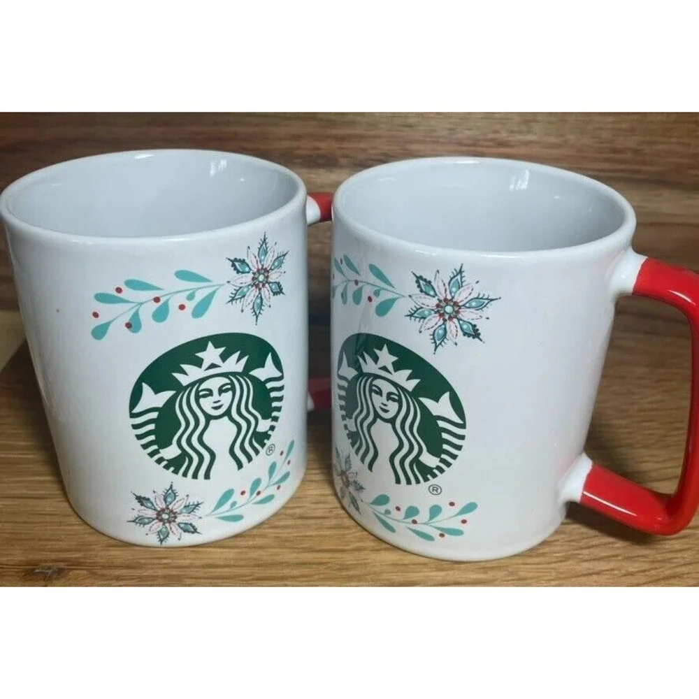 2 Starbucks 2020 Poinsettia Mistletoe Logo Holiday Red Handle Christmas Mug Pair - Picture 1 of 13